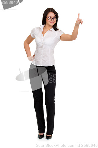 Image of Brunette businesswoman touching virtual pad transparent key with