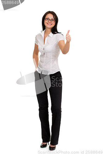 Image of Smiling businesswoman showing ok on white background
