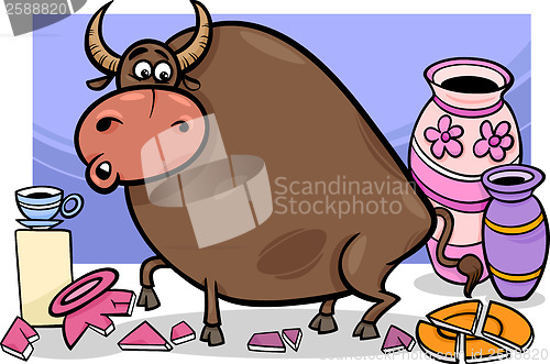 Image of bull in a china shop cartoon