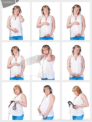 Image of Collage Collection Pregnant Woman listening to music in headphon
