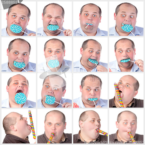 Image of Collage portrait fat man eating a lollipop