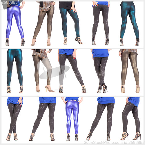 Image of Collage woman's sexy legs and buttocks clad in shimmering leggin