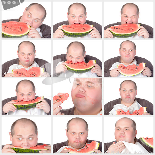 Image of Collage portrait obese man eating a large slice of fresh juicy w