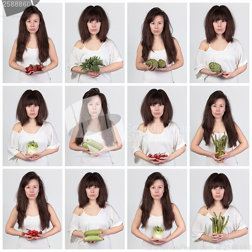 Image of Collage young beautiful woman with the fresh vegetables