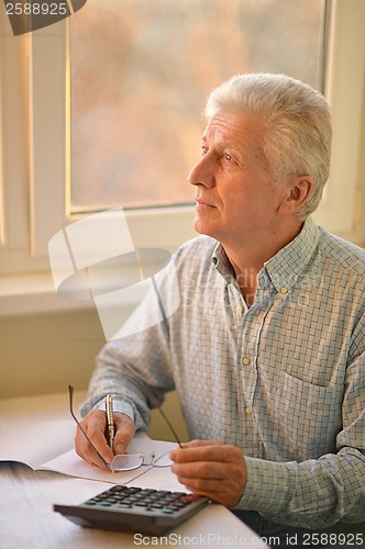 Image of Serious elderly man with calculator