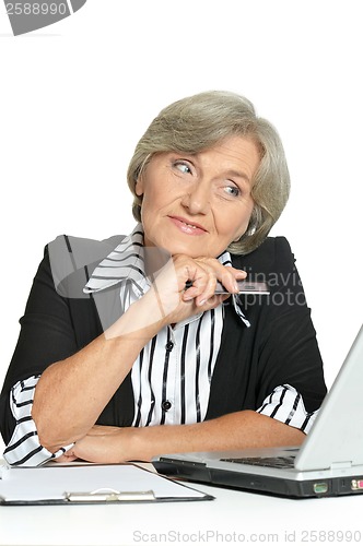 Image of Mature businesswoman working with computer
