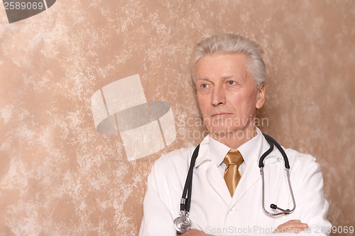 Image of senior doctor on brown.