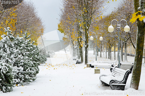 Image of Alley in the Park later in the autumn. Snow storm 