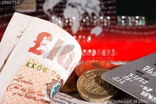 Image of Coins, credit cards and british pounds on newspaper