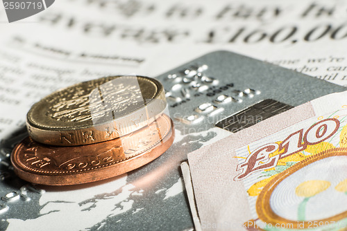 Image of Coins, credit cards and banknotes on newspaper.