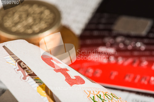 Image of Coins, credit cards and british pounds on newspaper