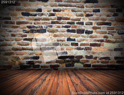 Image of wood planks floor on cracked indoor backdrop