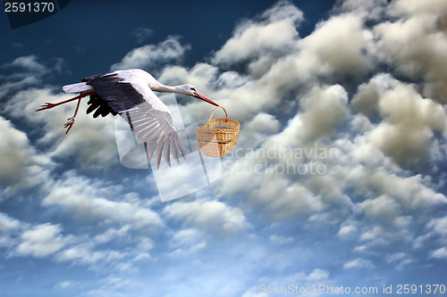 Image of stork bringing baby in basket