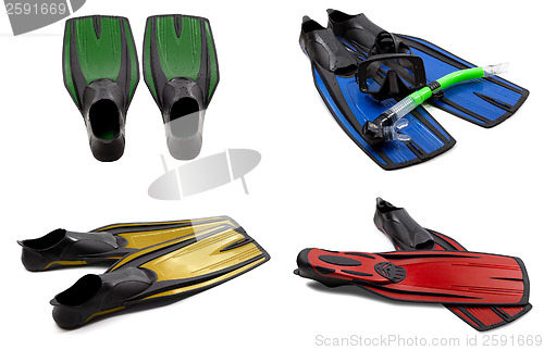 Image of Set of multicolored swim fins, masks, snorkel for diving with wa