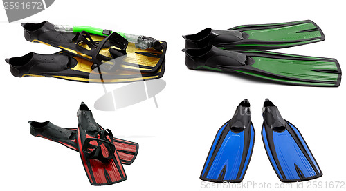 Image of Set of multicolored swim fins, mask and snorkel for diving