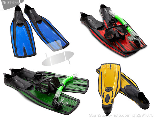 Image of Set of multicolored flippers, mask, snorkel for diving with wate