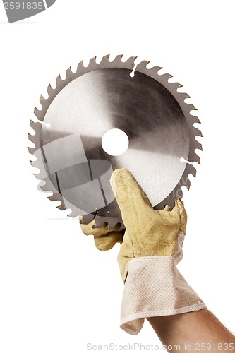 Image of Circular Saw Blade For Cutting Plastics in hand, safty glove