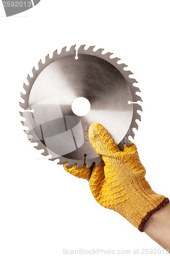 Image of Circular Saw Blade For Cutting Plastics in hand, safty glove