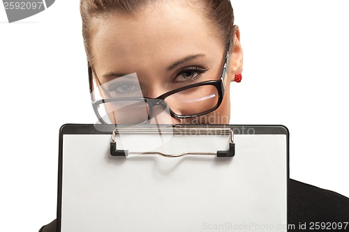 Image of Business woman with clipboard isolated on white