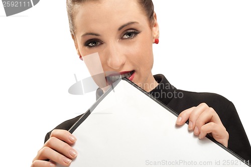 Image of Business woman with clipboard isolated on white
