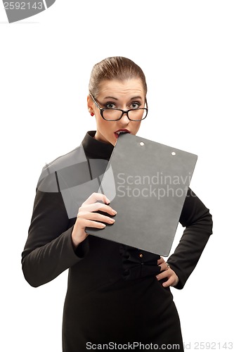 Image of Business woman with clipboard isolated on white