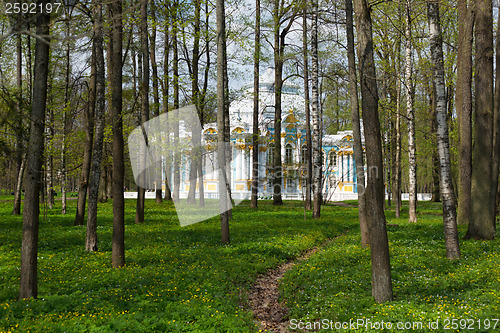 Image of Pavilion in Catherine`s park in Tsarskoe Selo through the woods