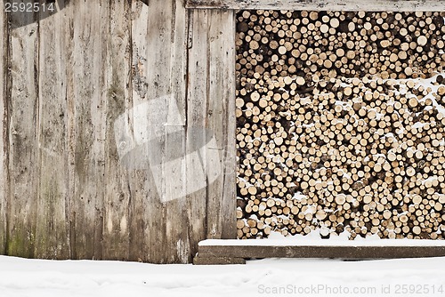 Image of plank wall and pile of fire woods background