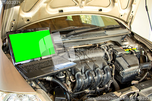 Image of Car mechanic checking engine