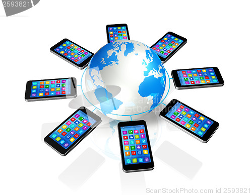 Image of Smartphones Around World Globe, Global Communication