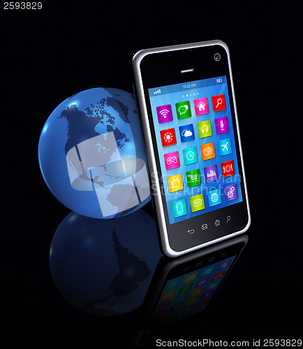 Image of Smartphone with apps icons And World Globe