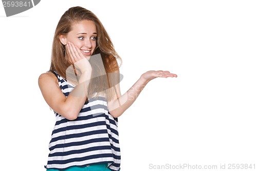 Image of Surprised woman showing open hand palm