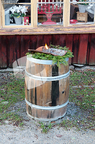 Image of Wooden barrel with flaming torches