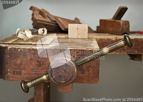 Image of Old vise and tool in a workshop still-life
