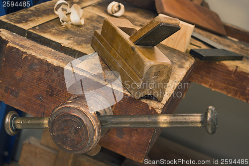 Image of Old vise and tool in a workshop still-life