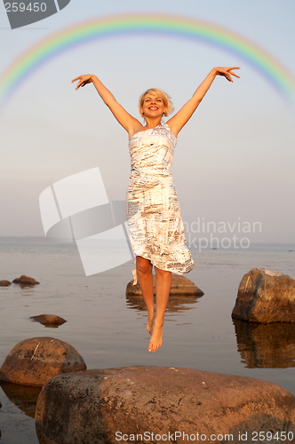 Image of flight under rainbow