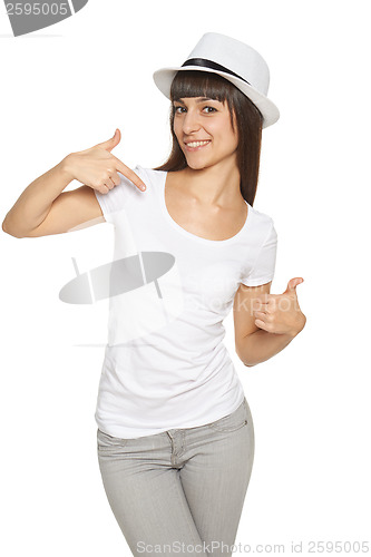Image of Woman pointing at herself and showing thumb up