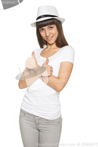 Image of Happy Young Woman Showing Thumb Up Sign