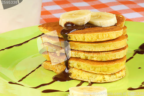 Image of Heart shaped pancakes with chocolate sauce and banana