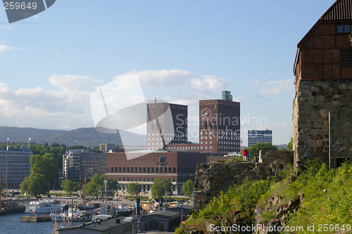 Image of Oslo city hall seen from Akershus fortress.