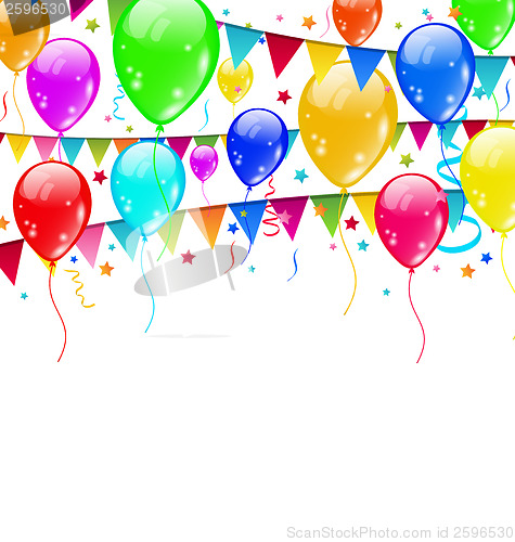 Image of Colourful party balloons, confetti with space for text