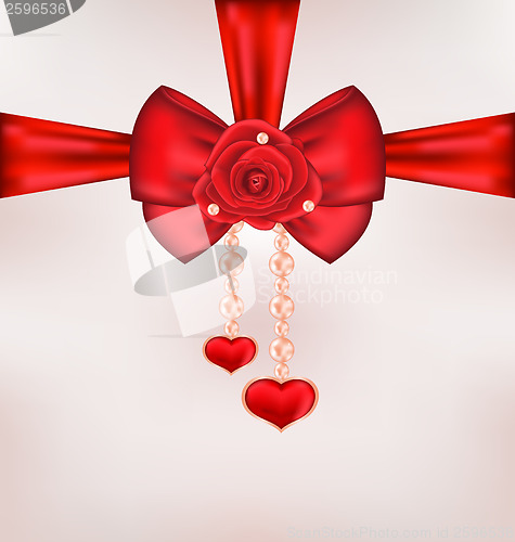 Image of Red bow with rose, heart, pearls for card Valentine Day