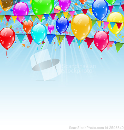 Image of Holiday background with birthday flags and confetti in the blue 