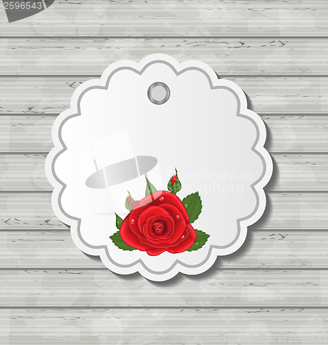 Image of Card with red rose for Valentine Day on wooden texture