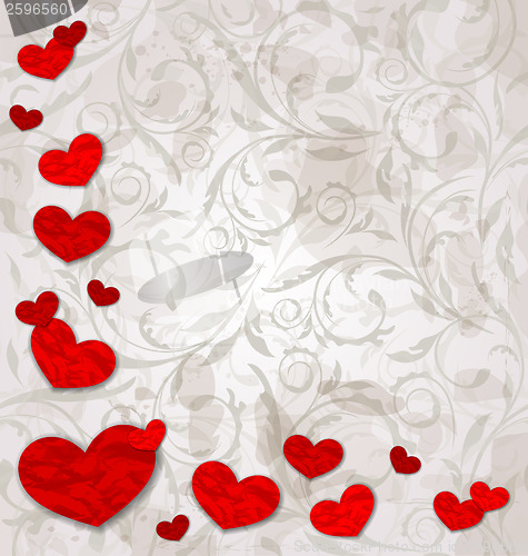Image of set crumpled paper hearts on grunge floral background