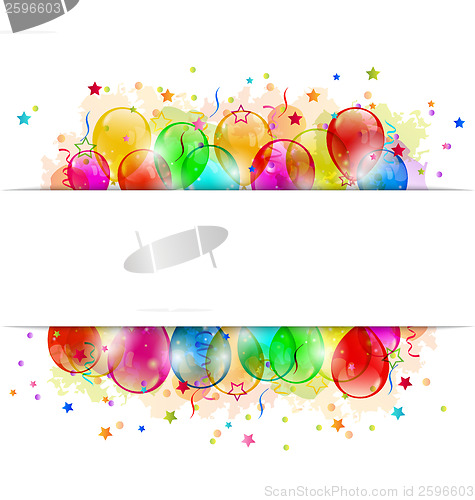 Image of Set party balloons, confetti with space for text