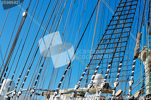 Image of Blocks and rigging at the old sailboat, close-up