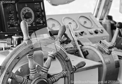 Image of Steering wheel of an old sailing vessel, close up