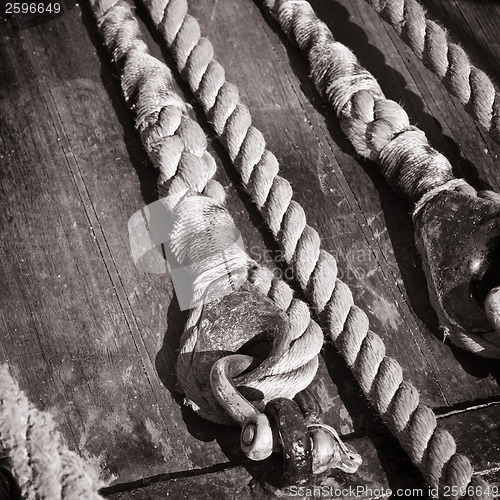 Image of The ropes braided in bays on an ancient sailing vessel