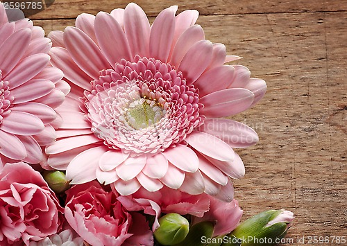 Image of Pink flowers closeup on a wood background