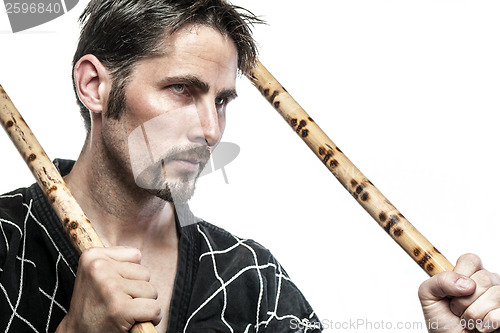 Image of Martial arts master with bamboo sticks
